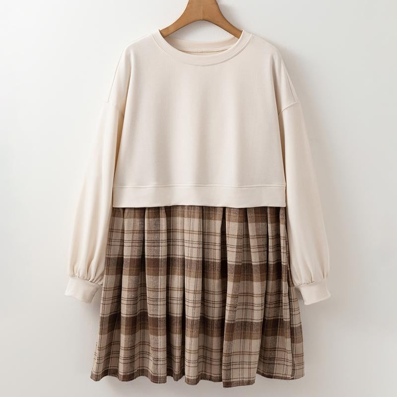Beige Plaid Patchwork High Waist Sweatshirt Mini Dress for Women