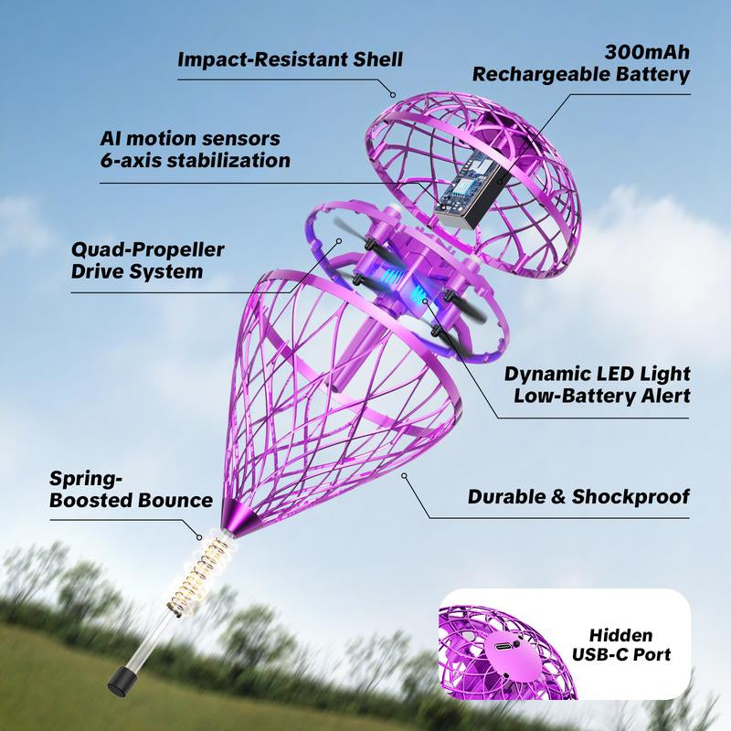 【2025 Halloween】 Flystars Hand Operated Flying Orb Ball Drone with LED Lights, Magic Durable Boomerang Hover Spinner, Quick USB-C Rechargeable, Indoor & Outdoor Fun Fidget Toy, Birthday Gift for Kids & Teens 6+, Gifts for Halloween, Easter, and Christmas