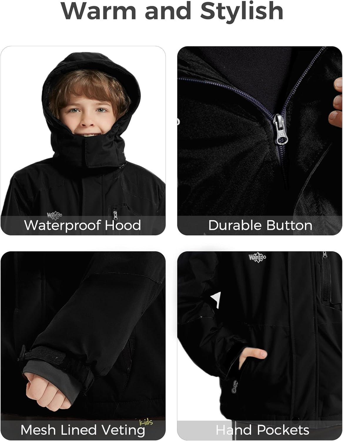 Wantdo Boy'S Waterproof Ski Jacket Fleece Snowboarding Jackets Warm Thick Winter Coat Hooded Raincoats