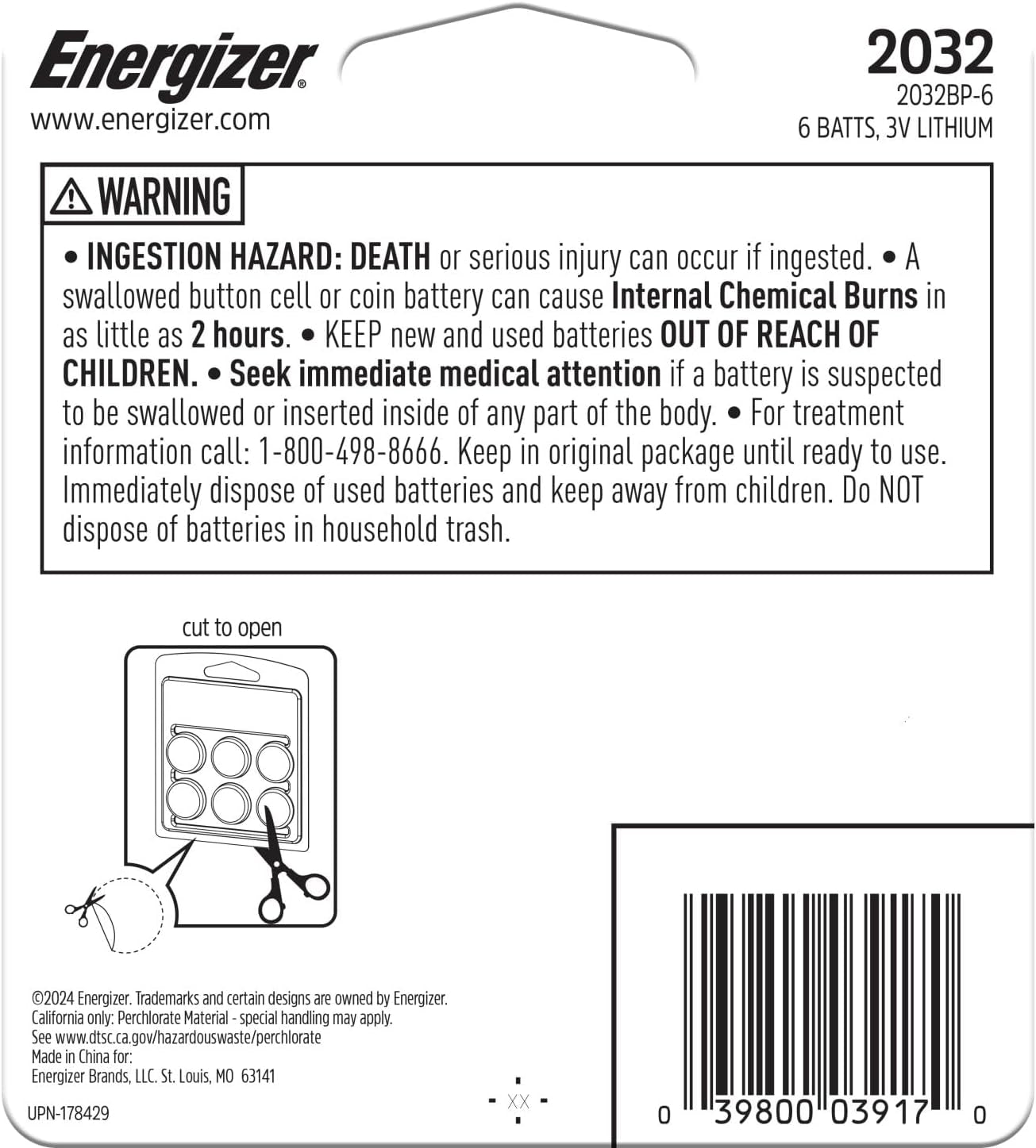 Energizer 2032 Batteries (6 Pack), 3V Lithium Coin Batteries