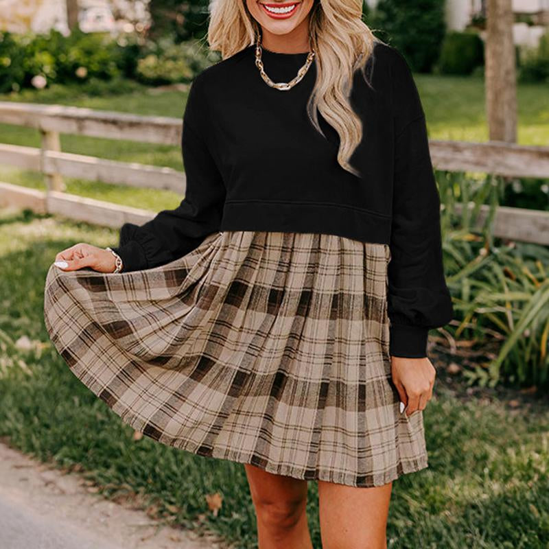 Beige Plaid Patchwork High Waist Sweatshirt Mini Dress for Women