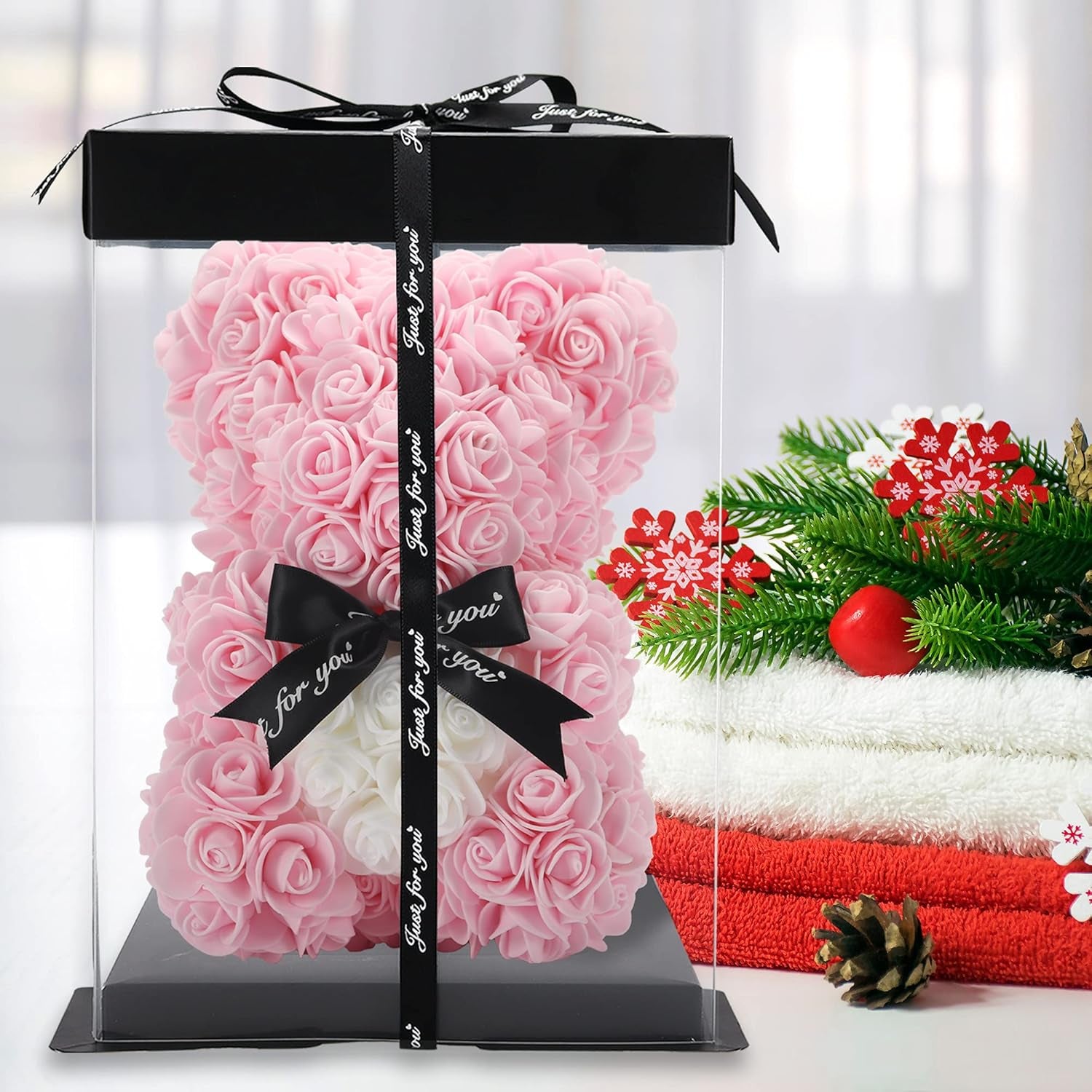 Handmade Rose Teddy Bear Flowers Gifts for Women Mom, Birthday Gifts for Mom,Valentines Day Teddy Bear Gifts for Wife Her, Anniversary Flowers Bear Gifts for Women Girlfriend (Light Pink, 10 Inch)