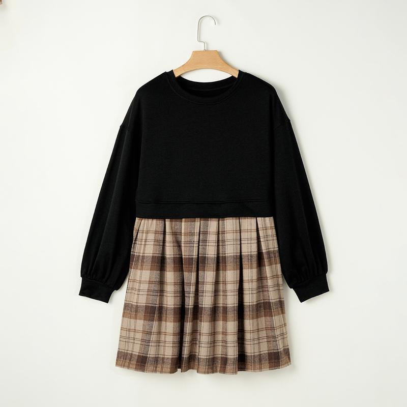 Beige Plaid Patchwork High Waist Sweatshirt Mini Dress for Women