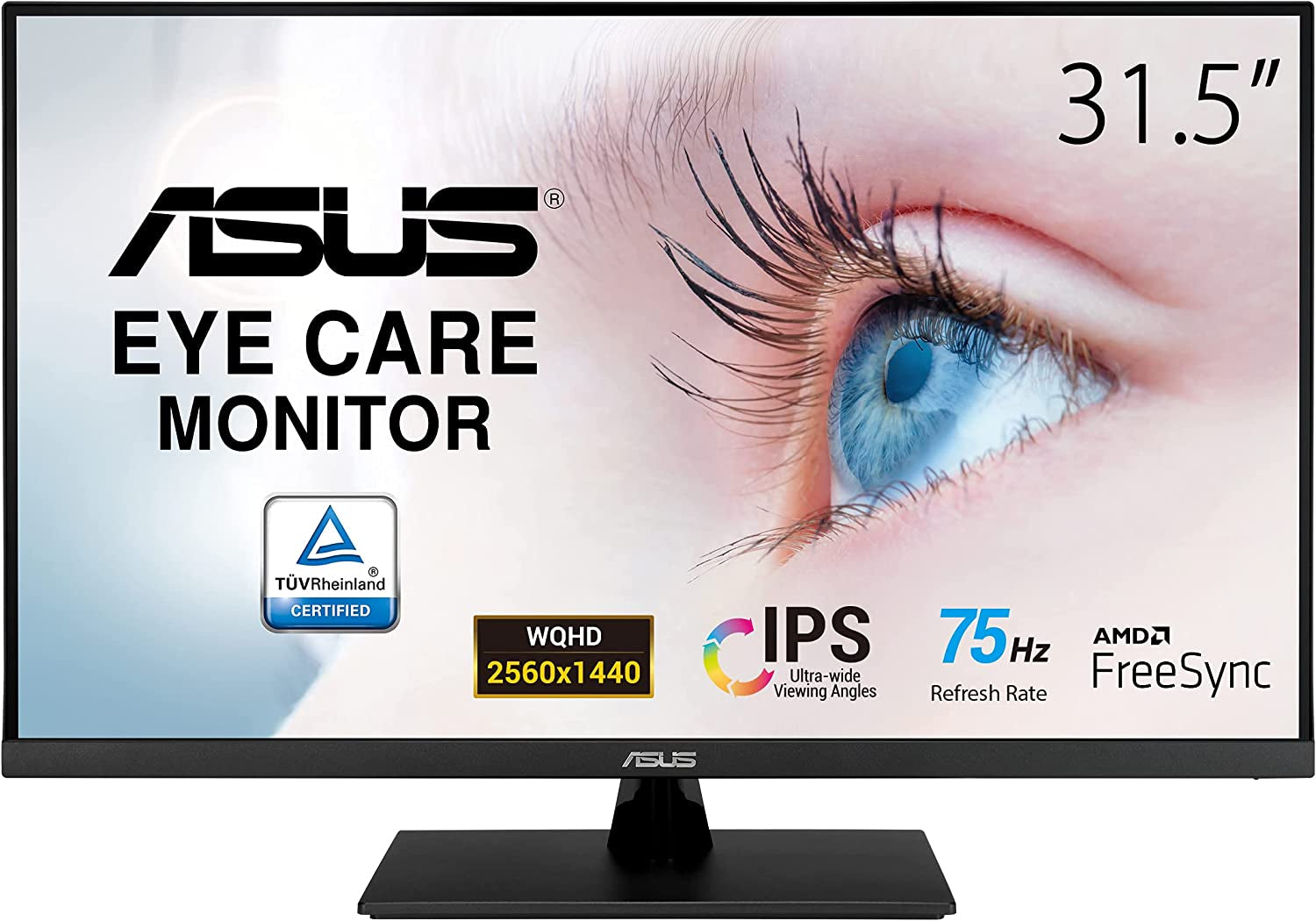ASUS 31.5” 2K Monitor (VP32AQ) - WQHD (2560 X 1440), IPS, 100% Srgb, HDR10, 75Hz, Speakers, Adaptive-Sync/Freesync, Low Blue Light, Eye Care, VESA Mountable, Frameless, Displayport, HDMI, Tilt,Black