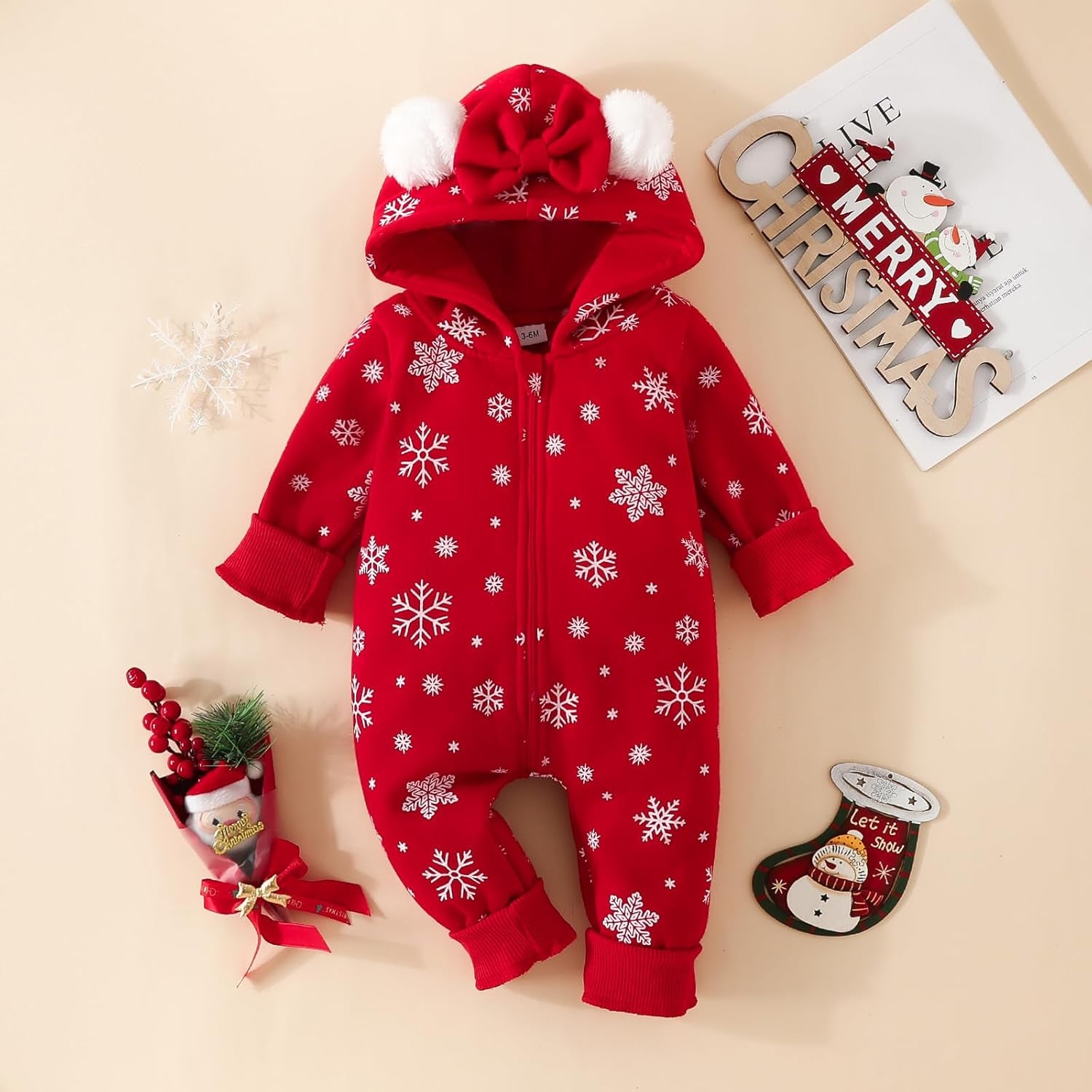 AMAWMW Newborn Baby Girl Winter Outfit Hooded Jumpsuit Infant One Piece Romper Baby Warm Snowsuit Clothes Gifts Set
