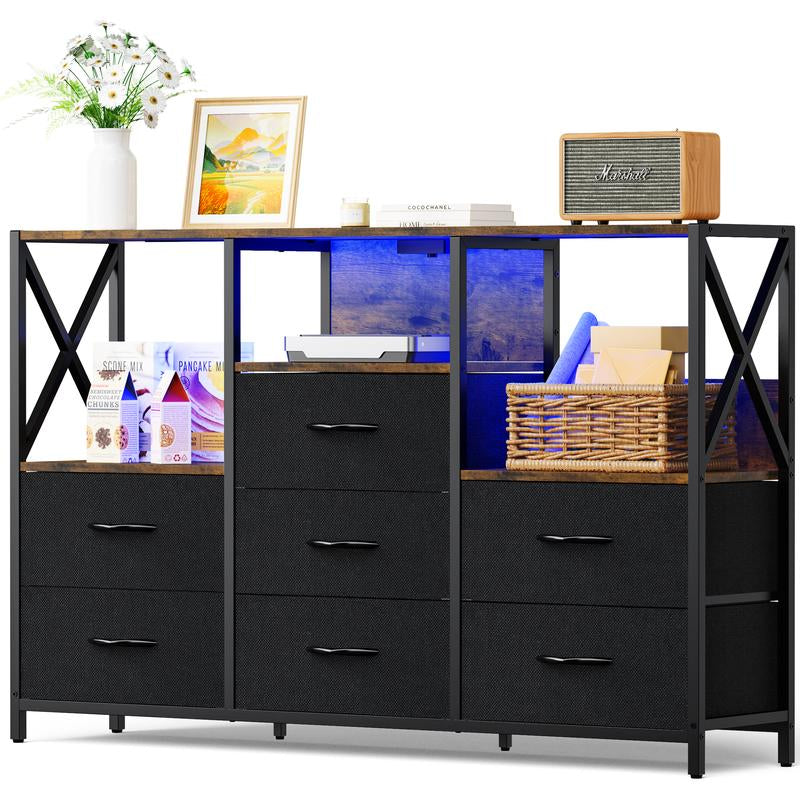 Black Dresser with LED Lights & Power Outlets, 8 Drawer Storage Chest, Fabric Chest with Open Shelf – 53" Dresser for Bedroom & Living Room