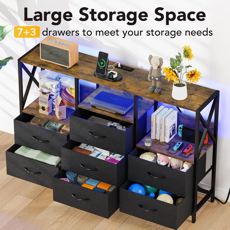 Black Dresser with LED Lights & Power Outlets, 8 Drawer Storage Chest, Fabric Chest with Open Shelf – 53" Dresser for Bedroom & Living Room