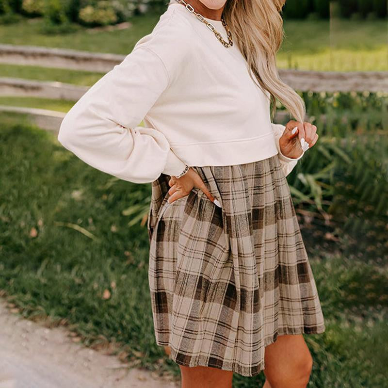 Beige Plaid Patchwork High Waist Sweatshirt Mini Dress for Women