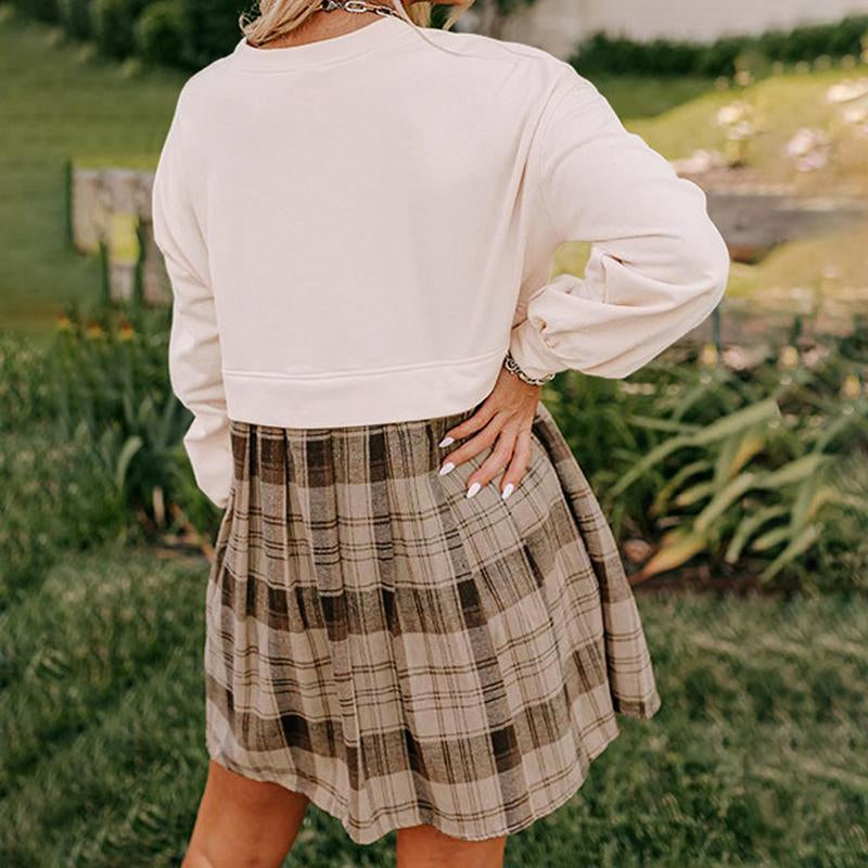 Beige Plaid Patchwork High Waist Sweatshirt Mini Dress for Women