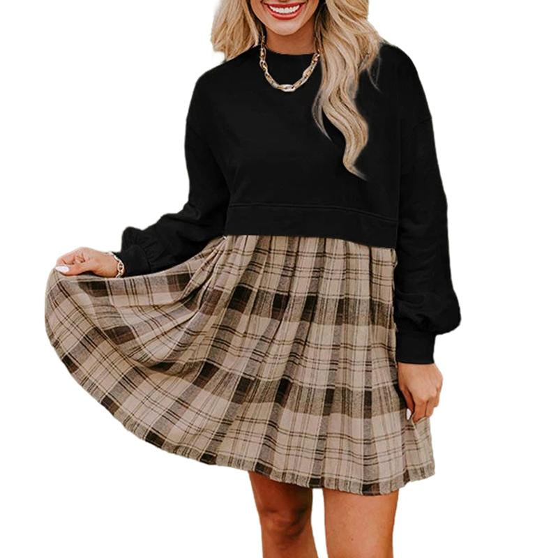 Beige Plaid Patchwork High Waist Sweatshirt Mini Dress for Women