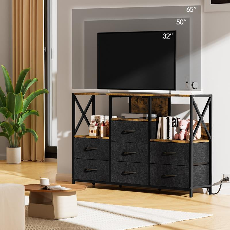 Black Dresser with LED Lights & Power Outlets, 8 Drawer Storage Chest, Fabric Chest with Open Shelf – 53" Dresser for Bedroom & Living Room