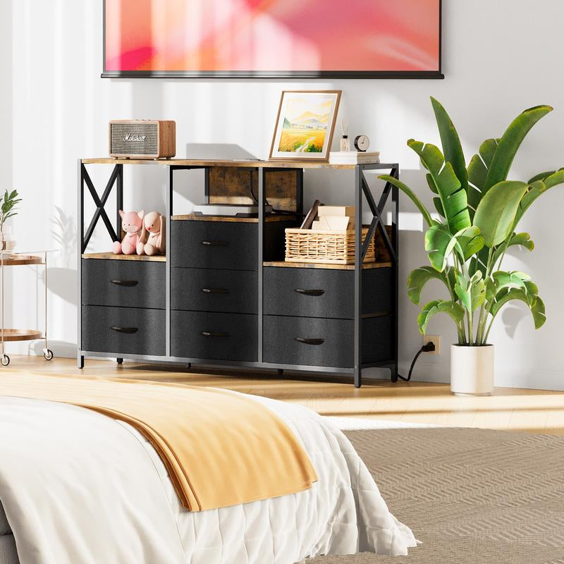 Black Dresser with LED Lights & Power Outlets, 8 Drawer Storage Chest, Fabric Chest with Open Shelf – 53" Dresser for Bedroom & Living Room